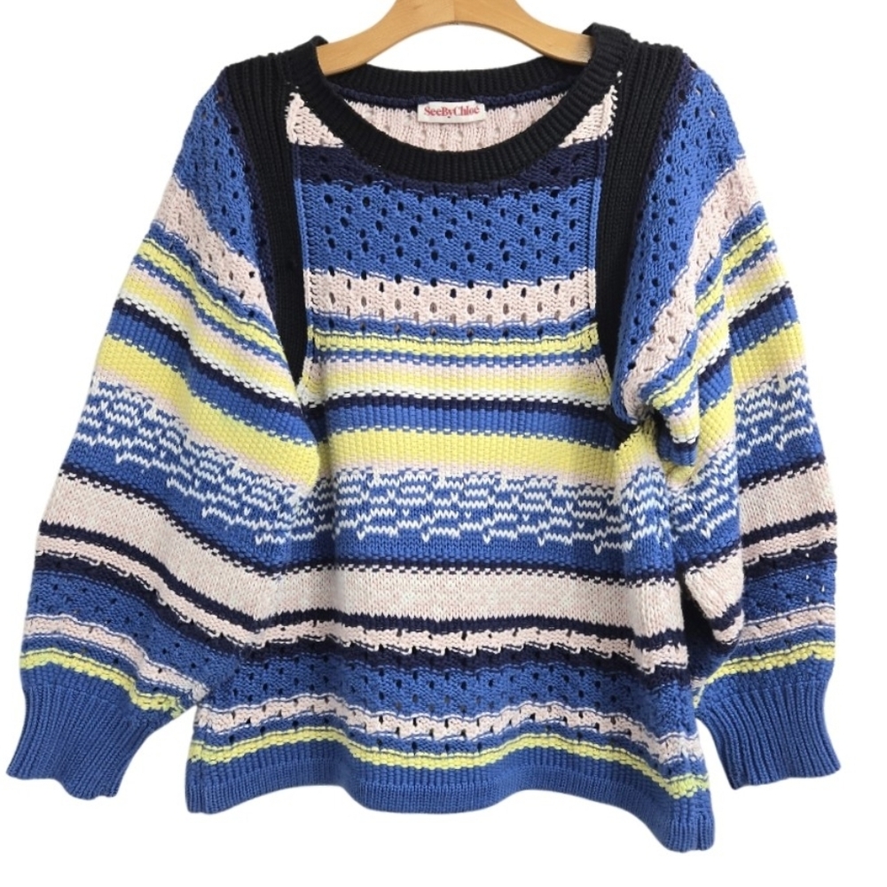 See By Chloe Sweater Perforated Cotton Stripe Bishop‎ Puff Sleeves